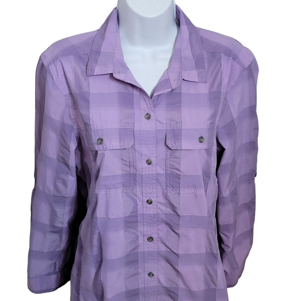 Eddie Bauer Outdoor Hiking Shirt, Women's M, Purple Plaid Long Sleeve w/roll tab